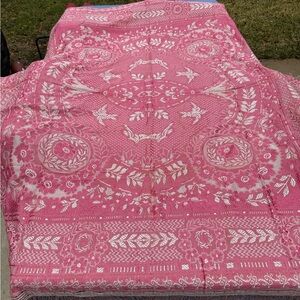 Antique Italian Pink Jacquard Woven Fringed Tapestry Coverlet Bedspread 85”x65”
